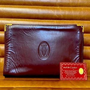 EUC MUST DE CARTIER CLUTCH HAND BAG LEATHER BORDEAUX GOLD PARIS W/ COA